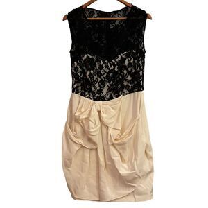 Marchesa Notte Beige Silk Black Lace Short Sleeve Romantic Bubble Mini Dress 10